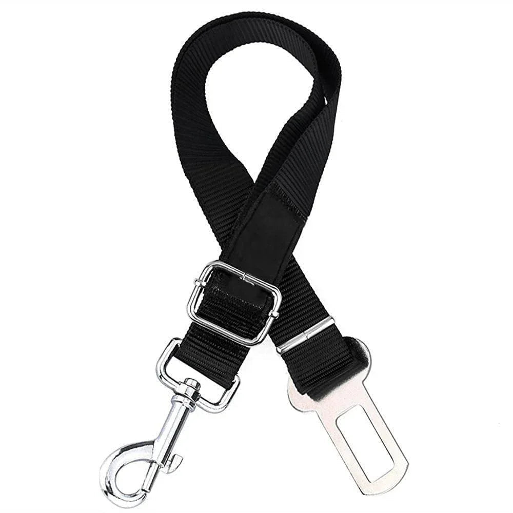 Two adjustable black dog seatbelt connectors attached to car seats, designed for safe pet travel.