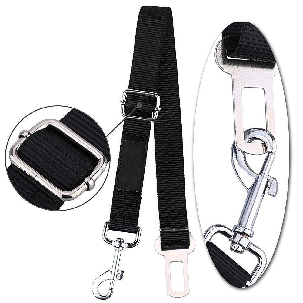 Two adjustable dog seatbelt connectors in black, designed to safely restrain pets during car rides.