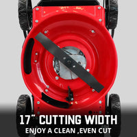 Top view showing 17-inch cutting width of the gas push lawn mower deck