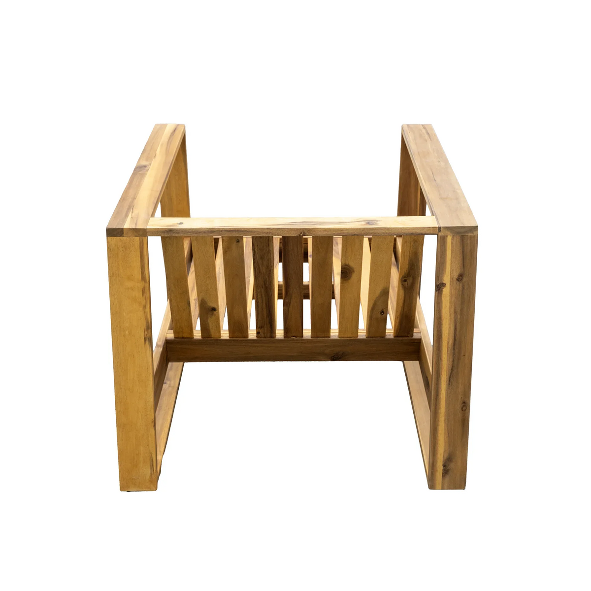 Side view of acacia wood lounge chair with beige cushions and ottoman