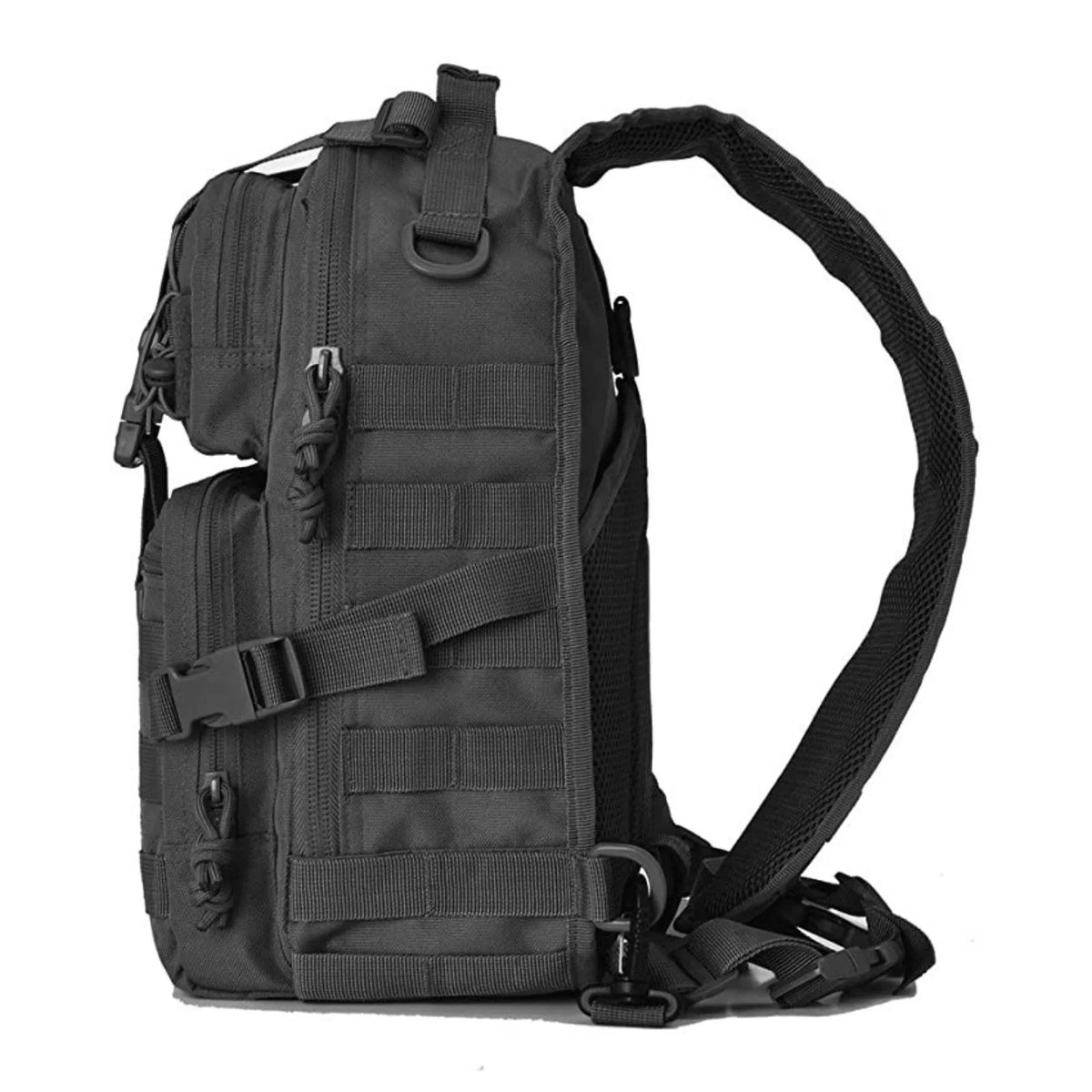Tactical sling bag worn across back, showing compact size and ergonomic fit.