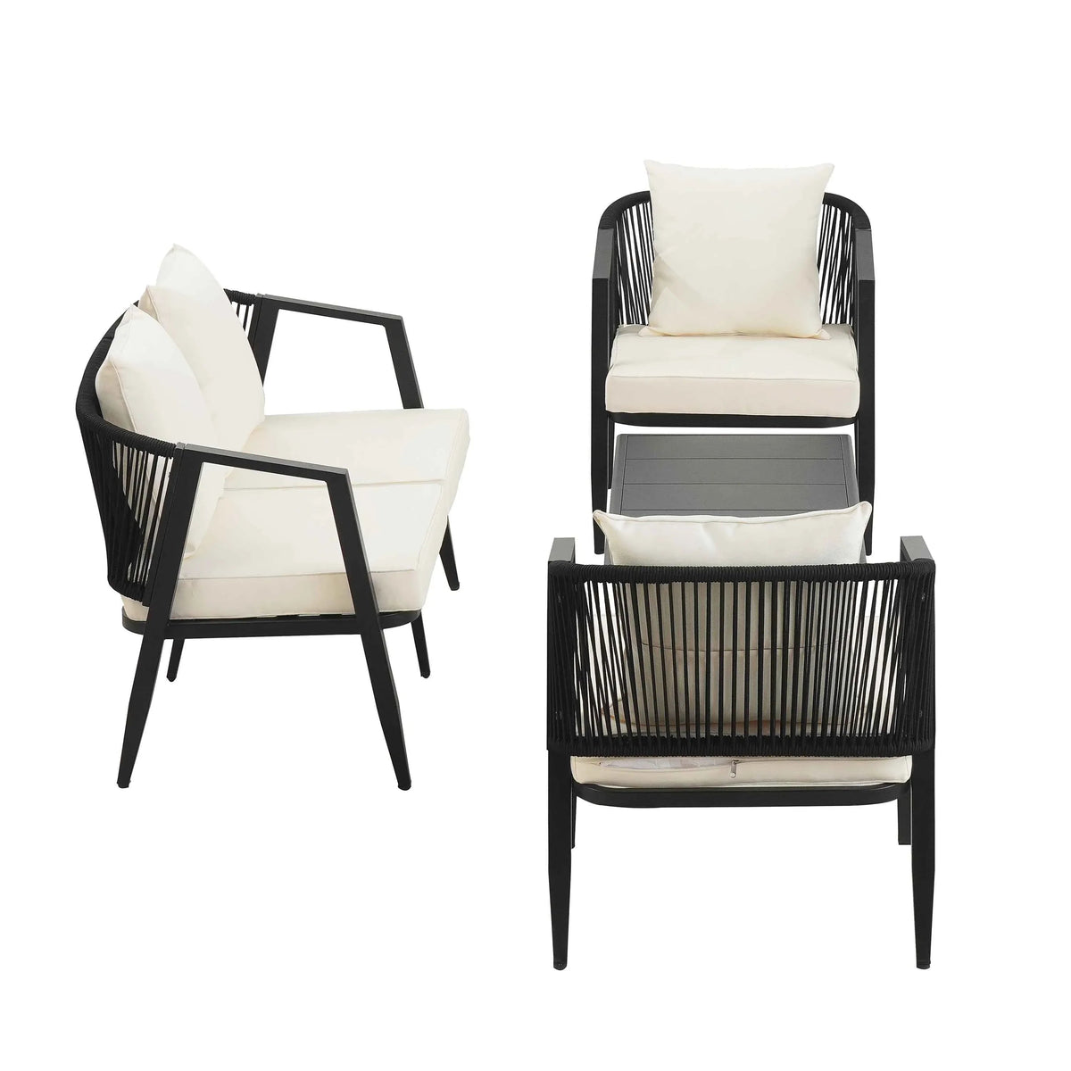 Complete outdoor seating set with four seats and a table in beige cushions on a patio setting.