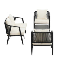 Complete outdoor seating set with four seats and a table in beige cushions on a patio setting.