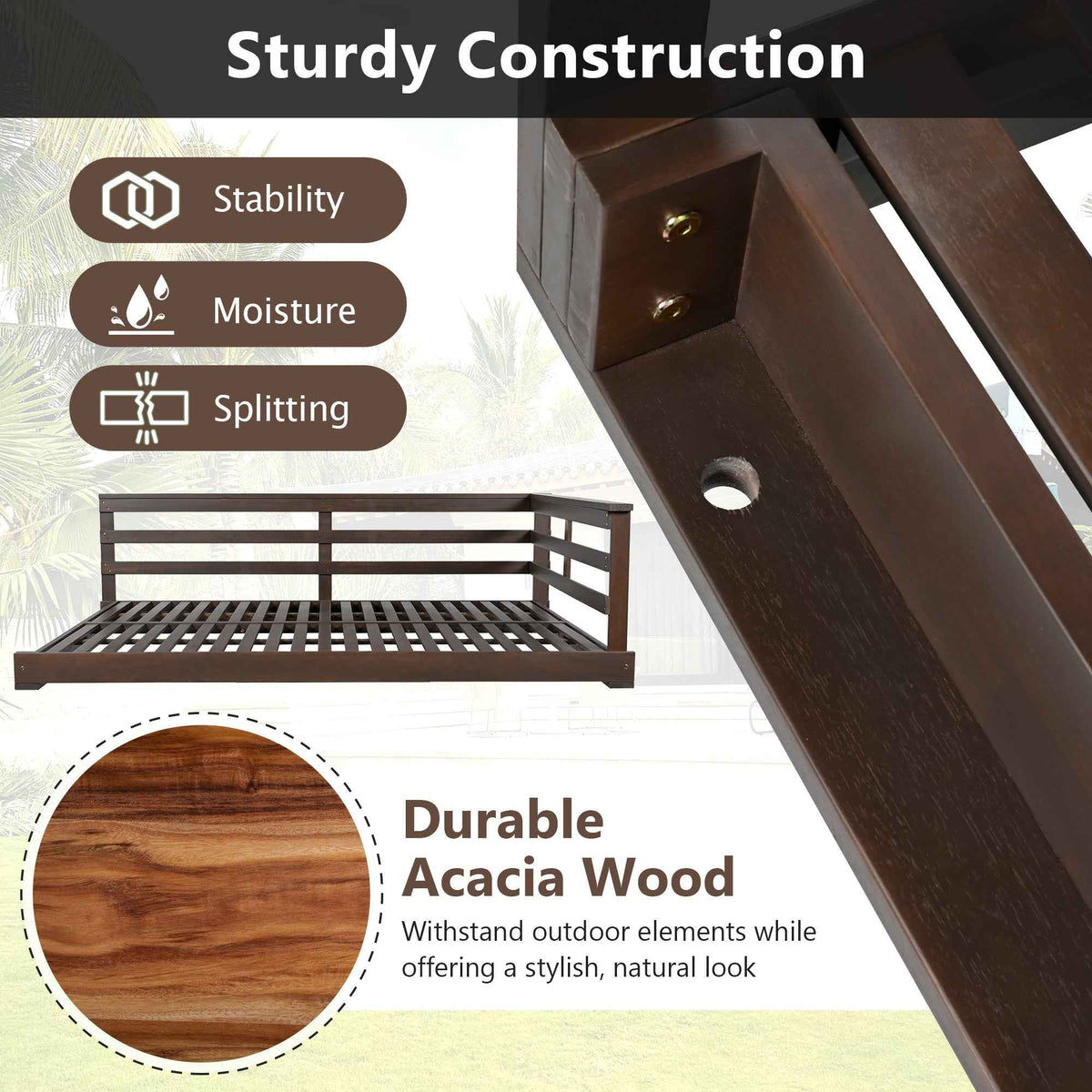 Acacia Wood Porch Swing Bed for Outdoor with Hemp Ropes - Full Size