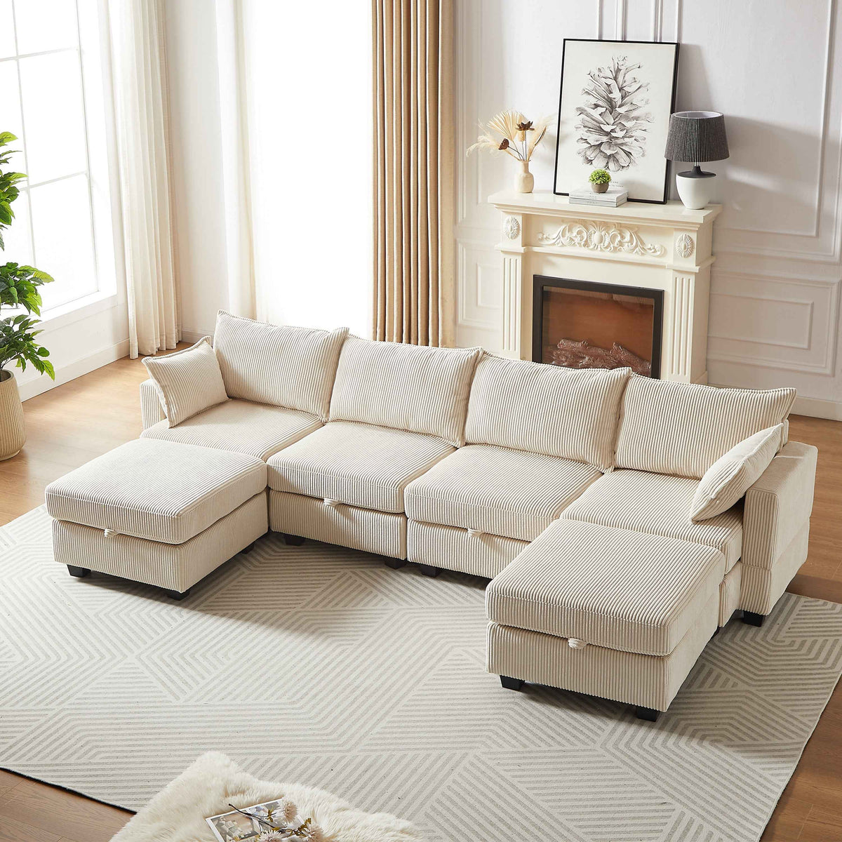 Large beige corduroy sectional sofa with three seats, shown in a bright living room setting.