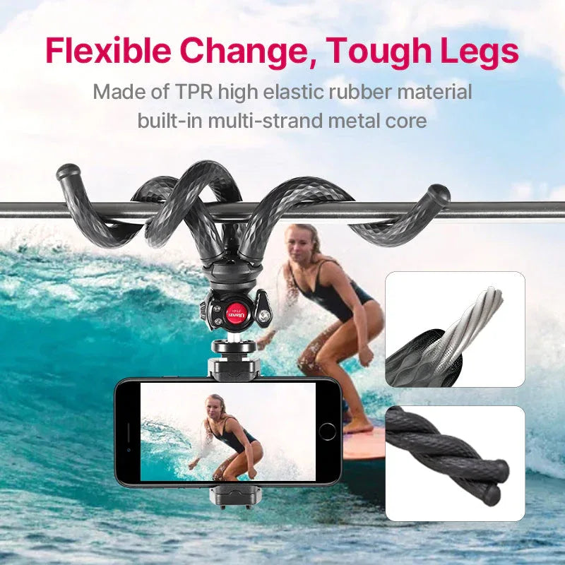 Side view of the gimbal tripod with flexible legs and phone clip on white backdrop.