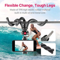 Side view of the gimbal tripod with flexible legs and phone clip on white backdrop.