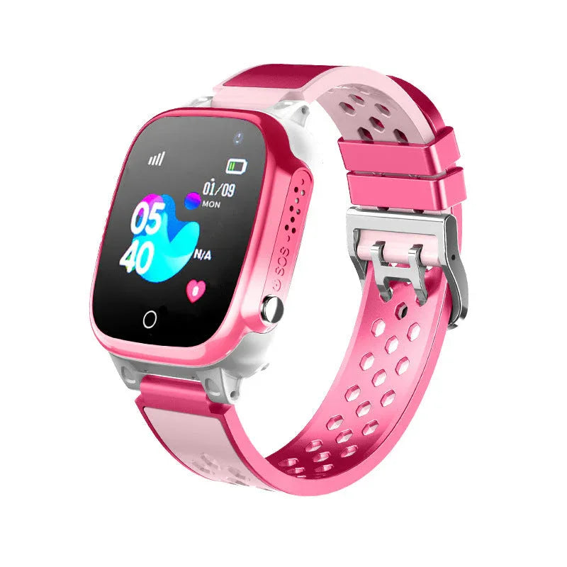 Bright blue kid's phone watch showing front camera and interactive colorful display screen.