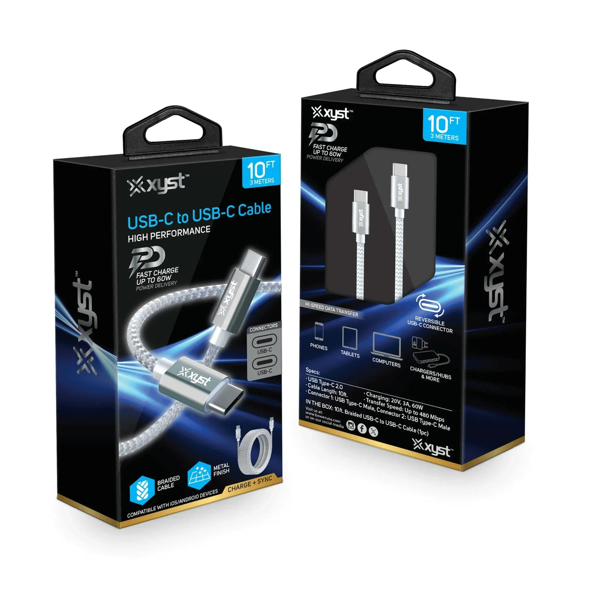 Xyst Braided USB-C to USB-C Charge and Sync Cable 10Ft - Snagva