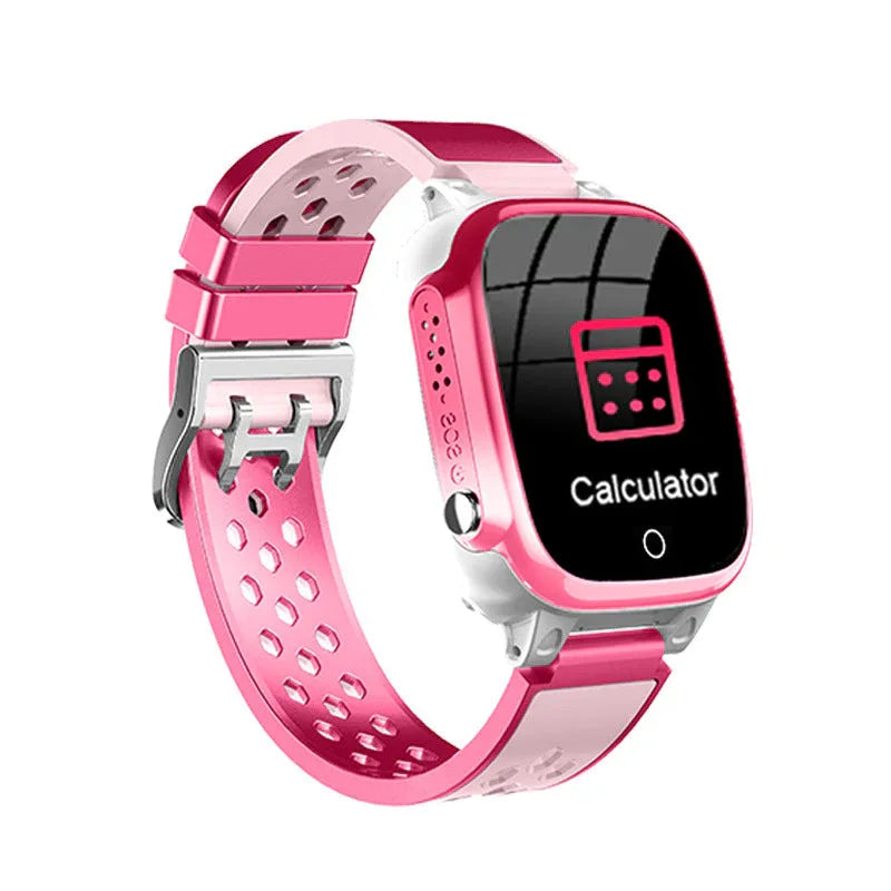 Waterproof kid's phone watch with blue strap and interactive touchscreen illuminated on table.