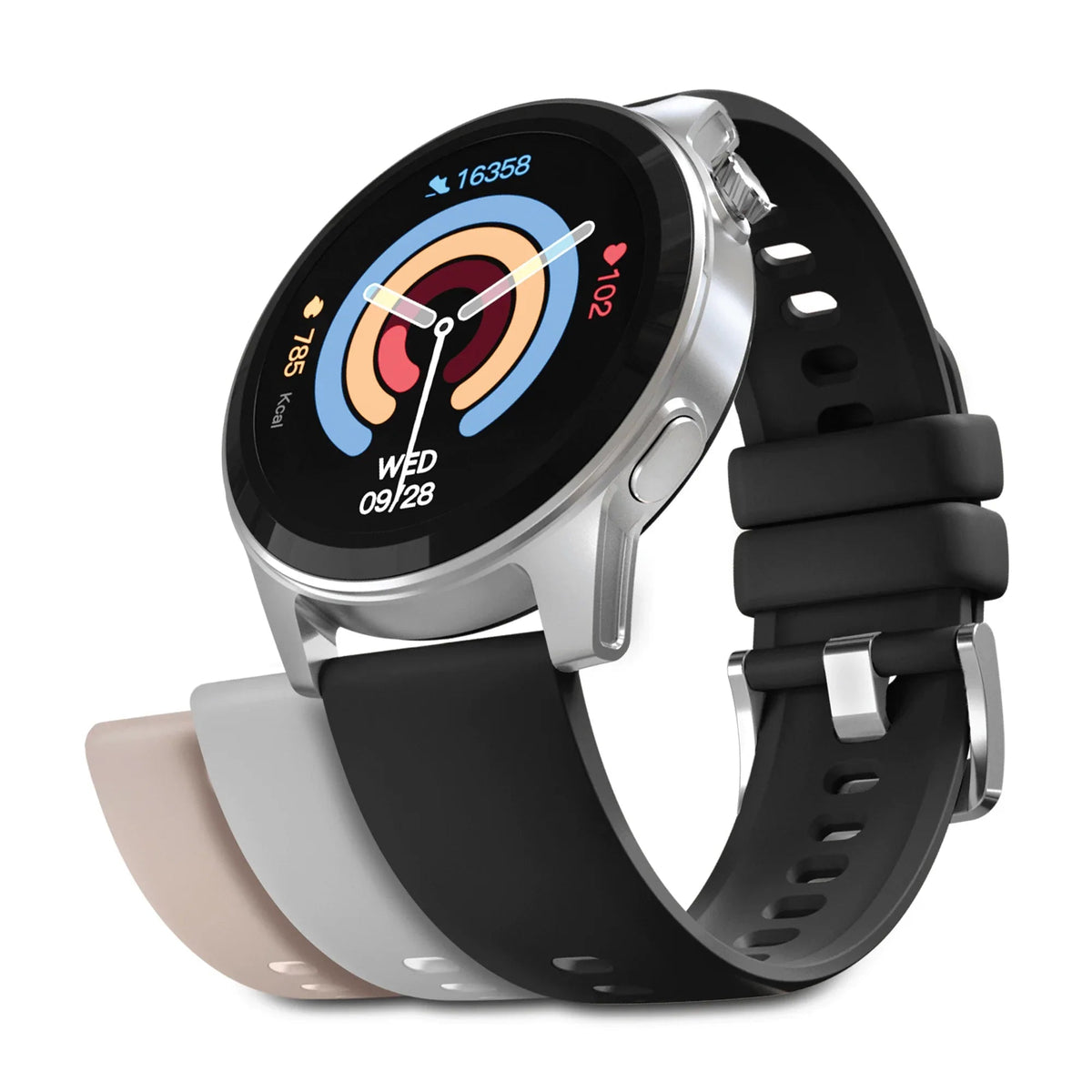 HyperGear SmartWatch touch screen displaying heart rate and fitness tracking data on a black wristband.