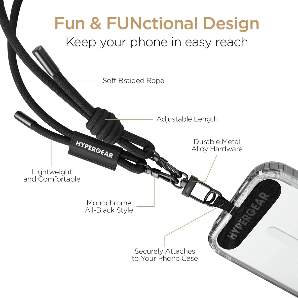 HyperGear TECHcessories Black Braided Rope Universal Crossbody Phone - Snagva