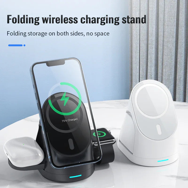 Black compact foldable 3-in-1 magnetic wireless charger opened flat on white background.