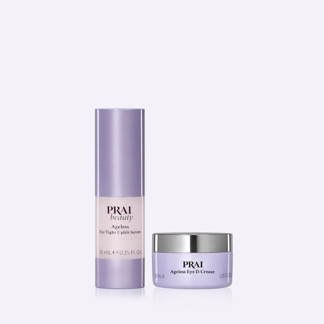 Two 0.35oz bottles of PRAI Beauty Ageless Eye Discovery Duo without packaging on white background.