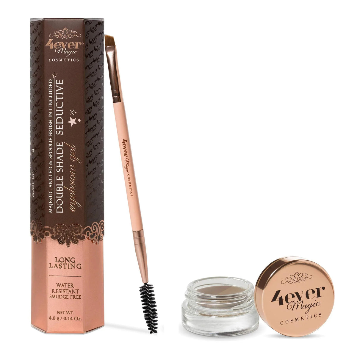 Eyebrow gel jar with dual shades and angled brush lying next to it on white background