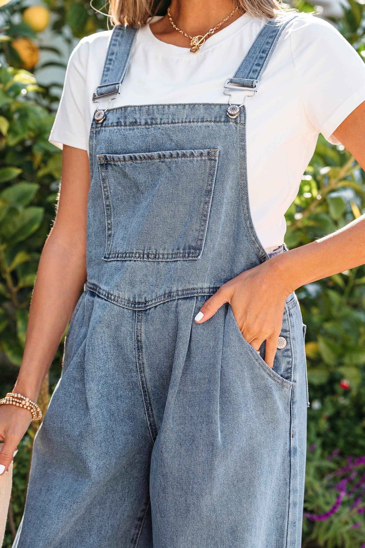 Pleated Wide Leg Pocketed Denim Jumpsuit