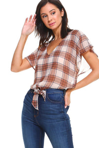 Front view of plaid V-neck tie-front blouse with flutter sleeves in soft fabric on white background.