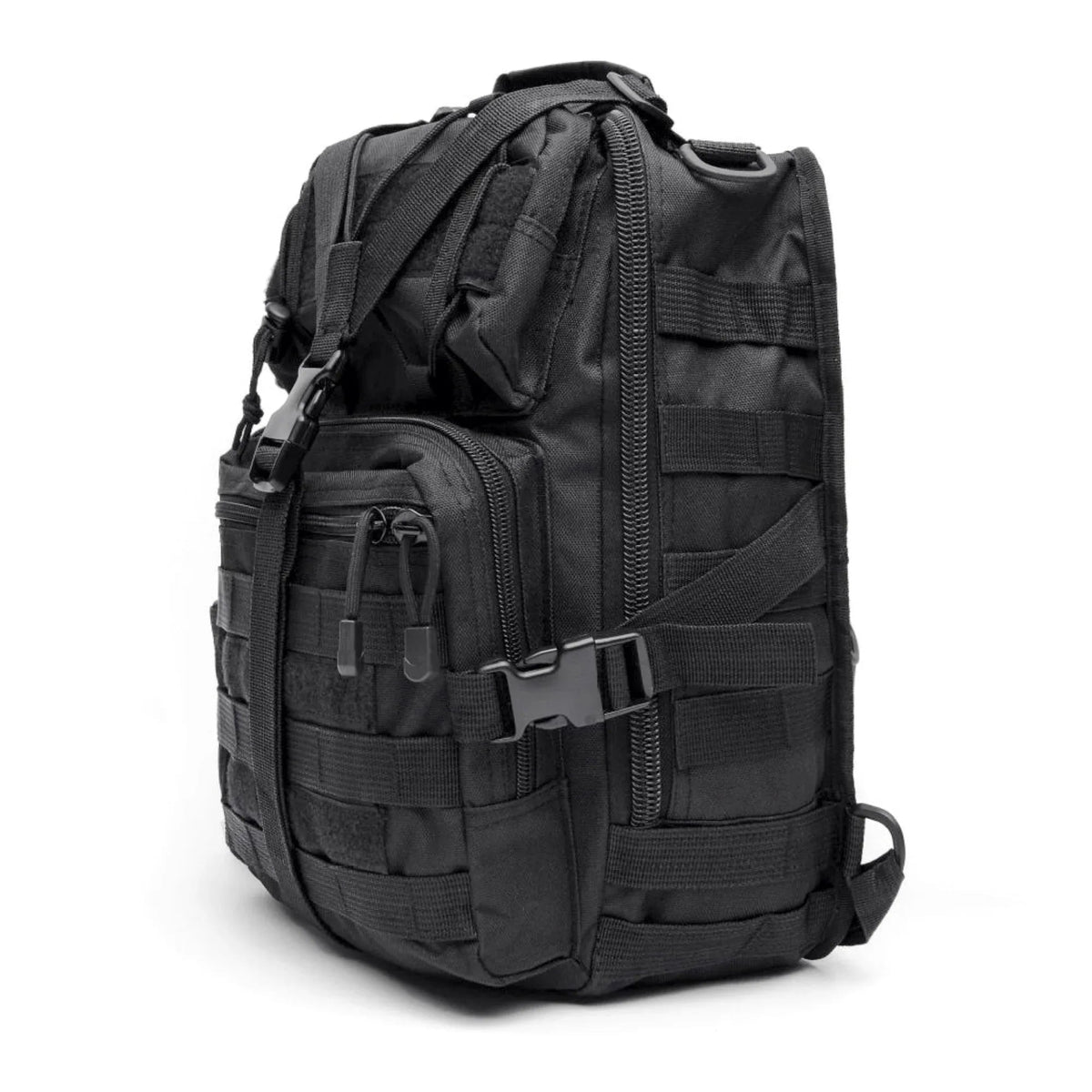 Top view of sling bag revealing spacious main zipped compartment with mesh pockets.