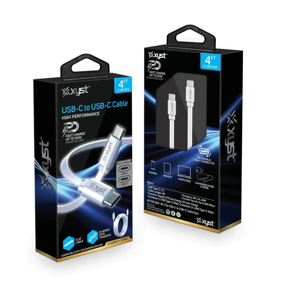 Xyst Flat USB-C to USB-C Charge and Sync Cable 4Ft - Snagva