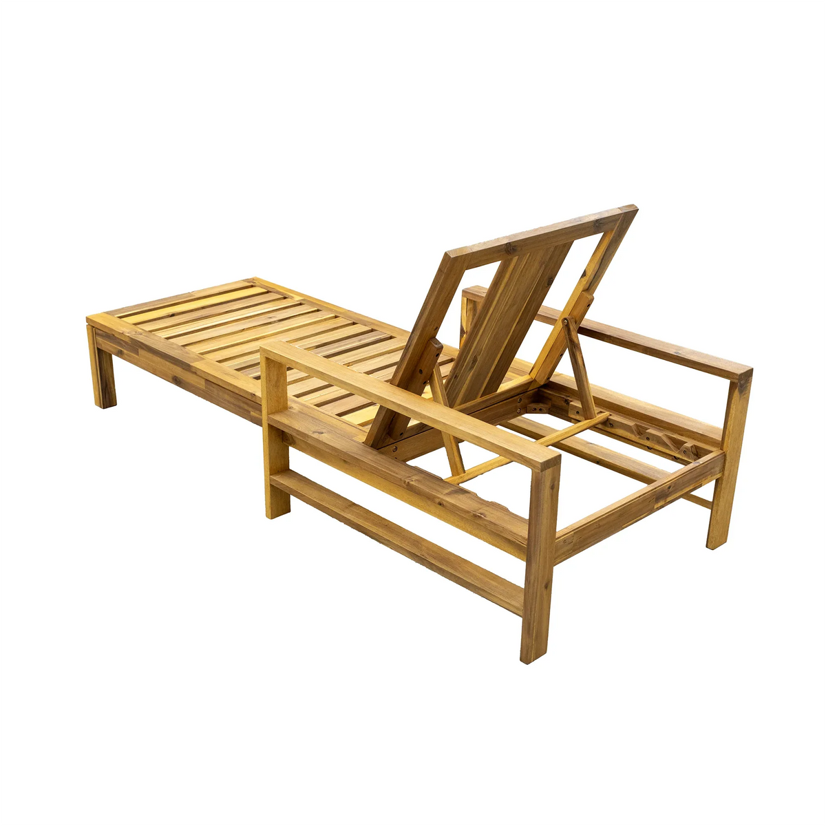 Acacia wood lounge chair with adjustable backrest and thick blue foam cushion for outdoor use.