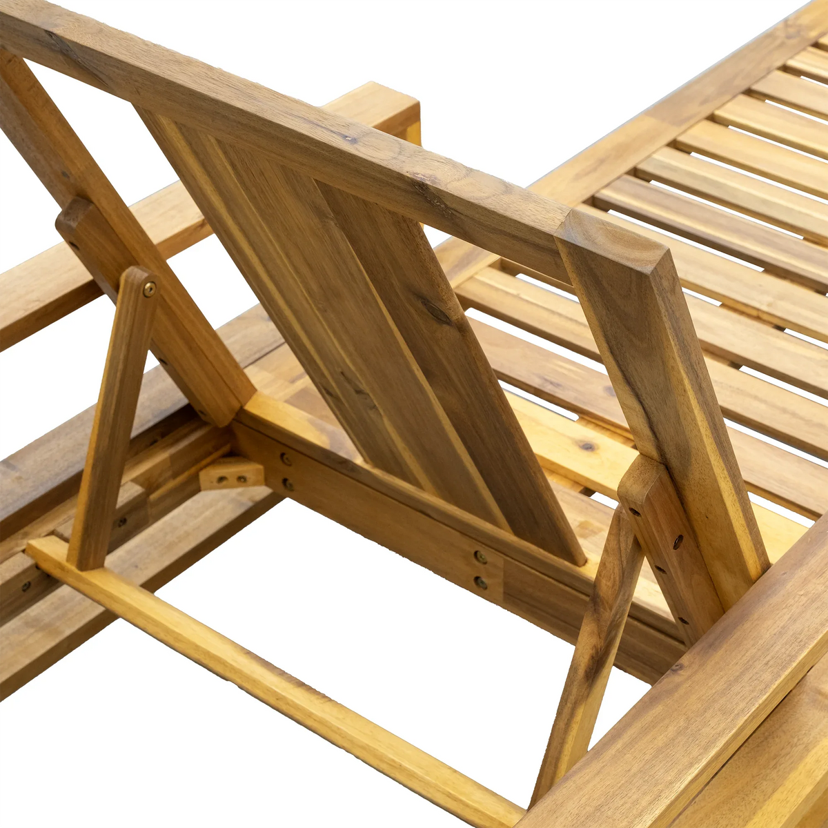 Adjustable backrest button detail on grey cushioned Acacia wood lounge chair.