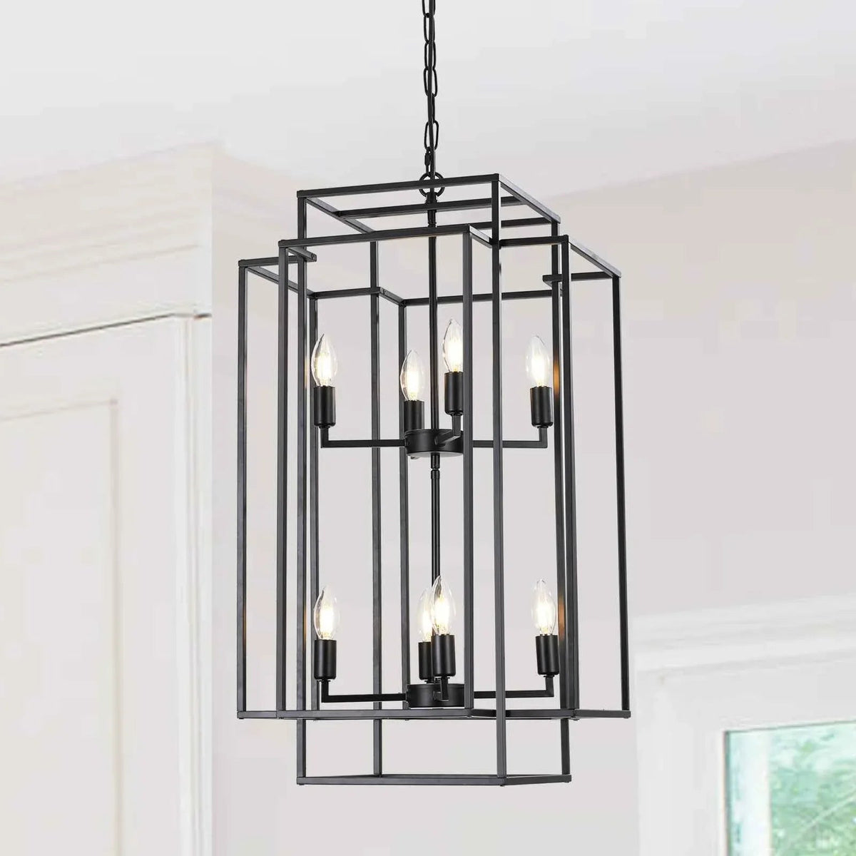 8-Lights Black Lantern Tiered Pendant Light Fixtures, Industrial