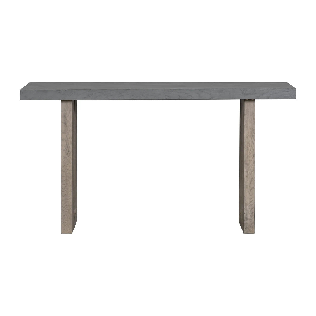 Close-up of the detailed gray oak veneer side panel with distinctive geometric pattern on the console table.