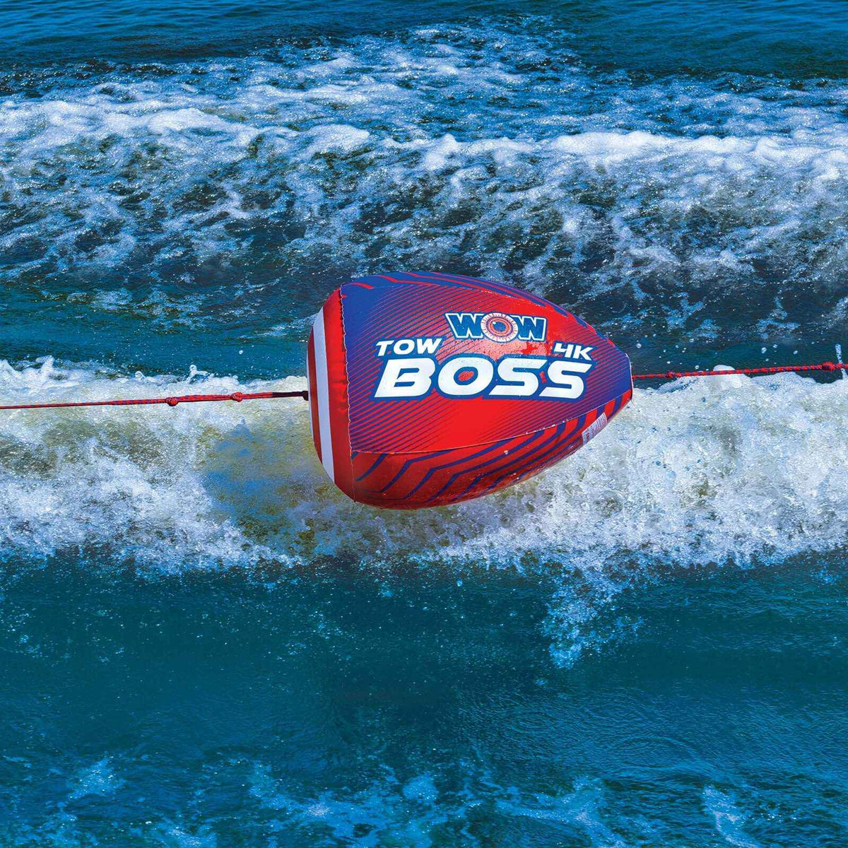 WOW Watersports Tow Boss with heavy-duty inflatable tube keeping tow rope afloat on lake.