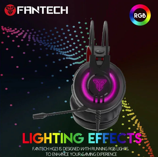 FANTECH HG20 wired gaming headset showing cable connection and RGB illuminated logo