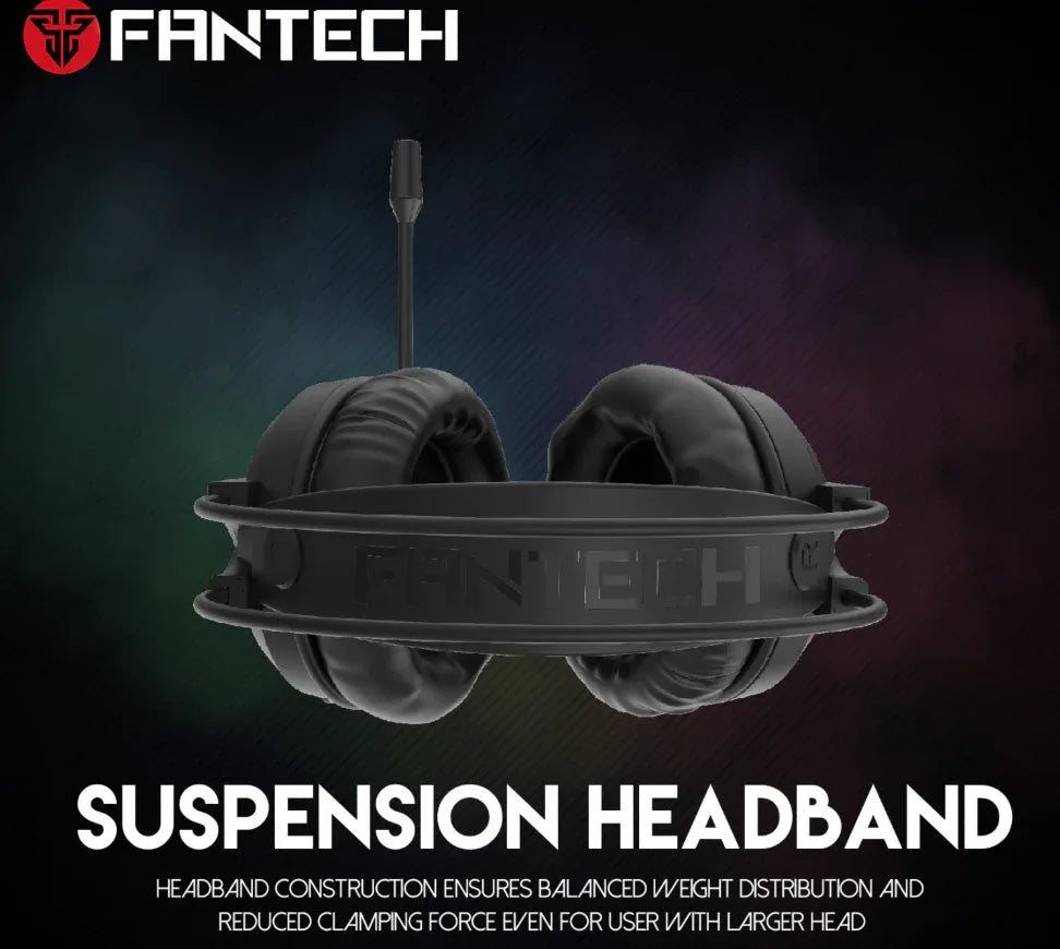 FANTECH RGB gaming headset ear cup with glowing logo and microphone arm visible