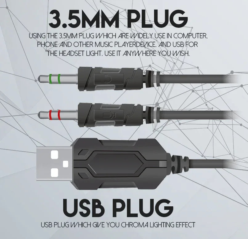 USB and 3.5mm connectors for FANTECH HG20 RGB gaming headset with braided cable