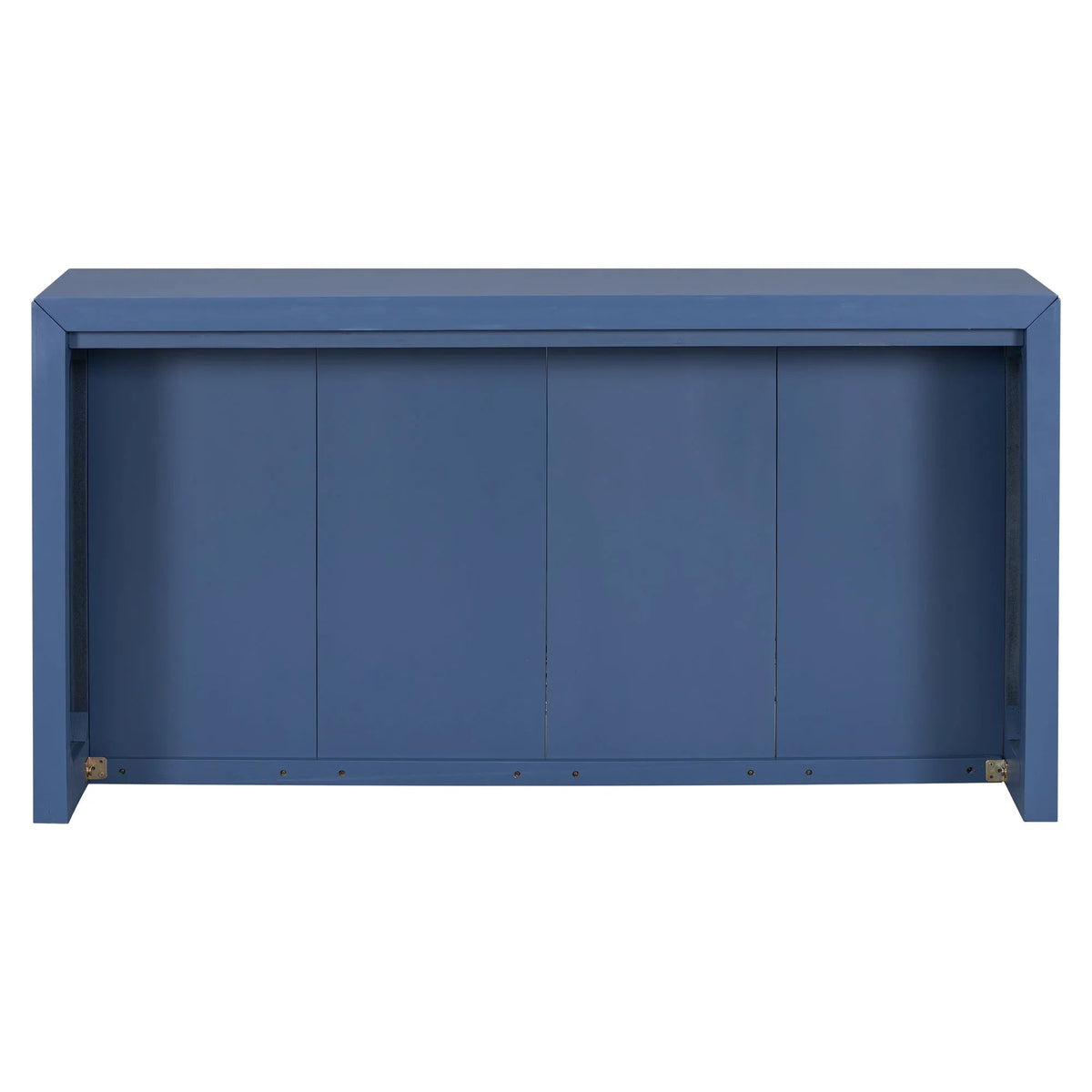 Back view of simple minimalist navy blue entryway table with acacia wood veneer finish