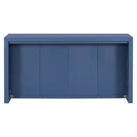 Back view of simple minimalist navy blue entryway table with acacia wood veneer finish