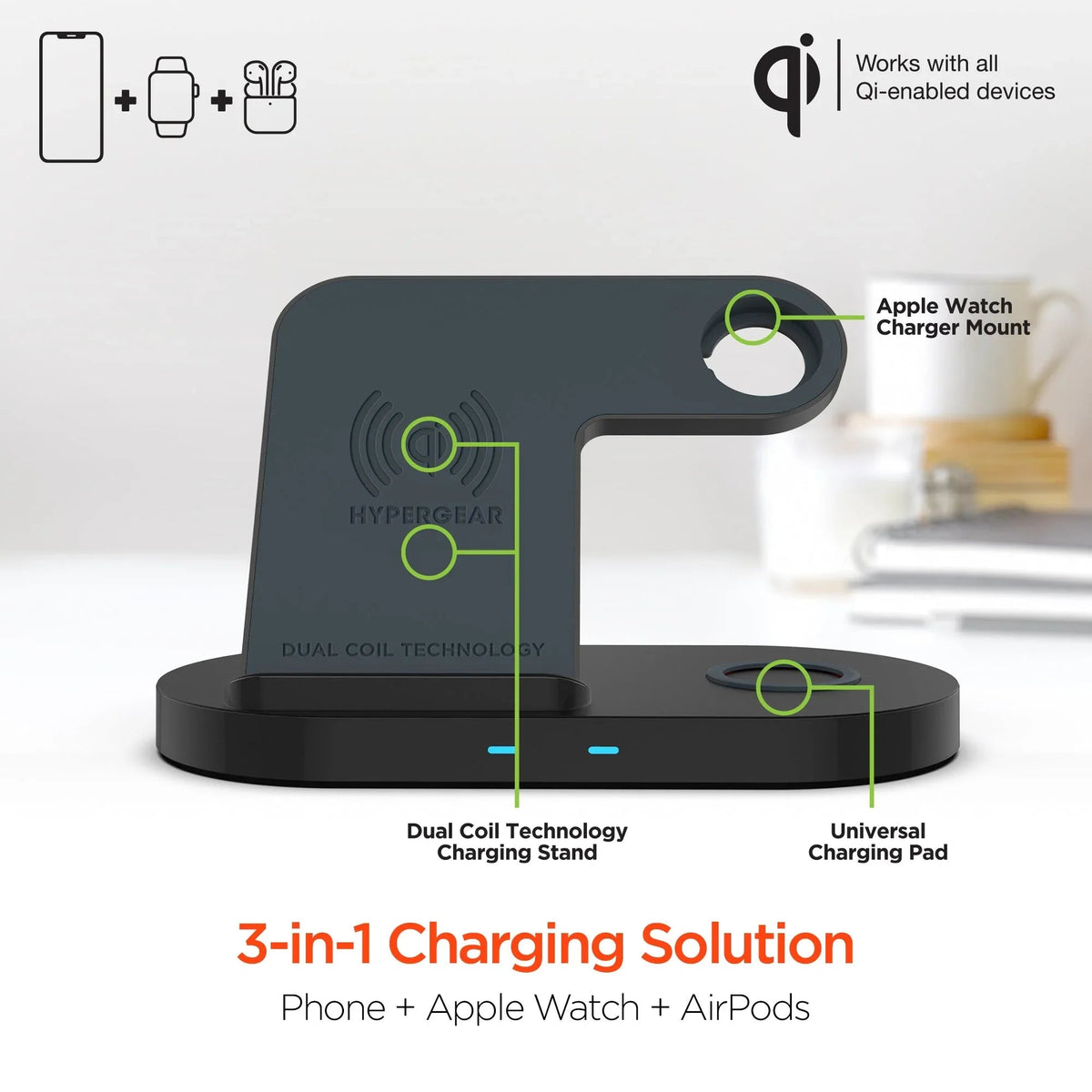 Top view of the compact Hypergear charging dock showing three charging areas with devices placed on it.