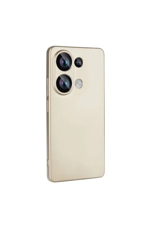 Gold silicone Xiaomi Poco M6 Pro 4G case displayed at an angle highlighting camera protection.