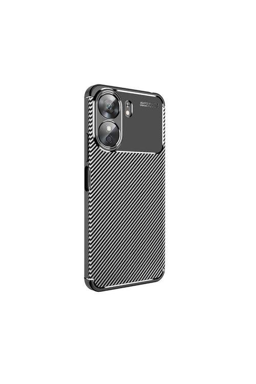 Close-up view of black carbon phone case for Xiaomi Poco C65 showing camera protective cutout.