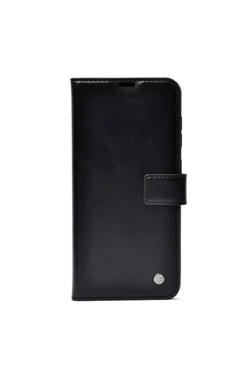 Black Xiaomi Poco C65 case with card holder and stand, displaying sleek design and textured surface