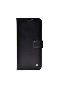 Black Xiaomi Poco C65 case with card holder and stand, displaying sleek design and textured surface