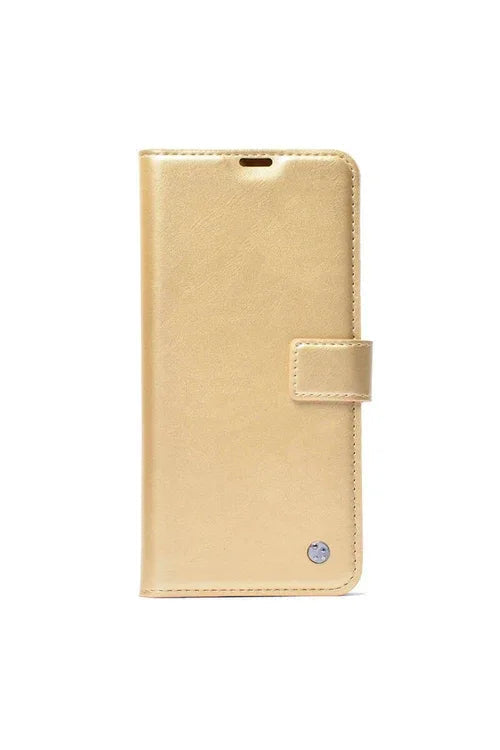 Gold Xiaomi Poco C65 case with card holder and stand, highlighting smooth finish and elegant look