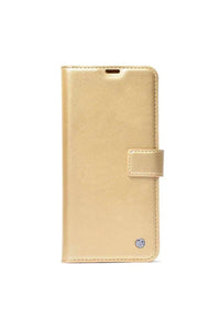 Gold Xiaomi Poco C65 case with card holder and stand, highlighting smooth finish and elegant look