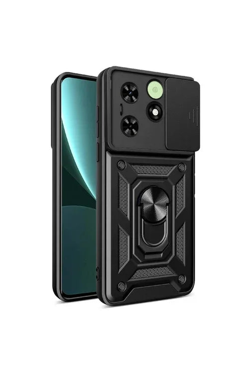 Black silicone case designed for Tecno Spark Go 2024 featuring a ring holder and camera protector.