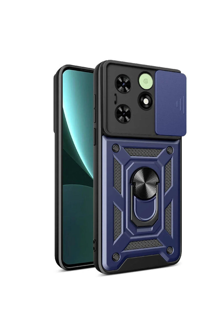 Navy blue silicone case for Tecno Spark Go 2024 with built-in ring holder and camera protection.