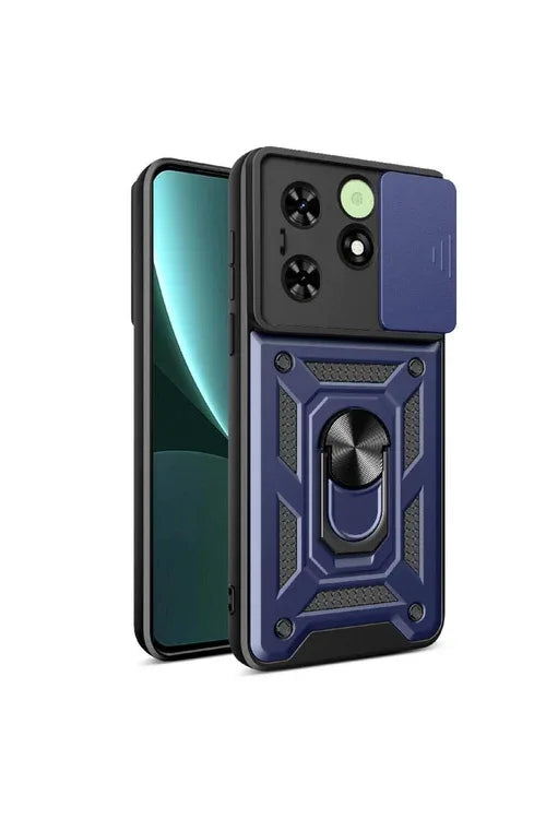 Close-up of navy blue Tecno Spark Go 2024 case showing flexible silicone material and ring holder.