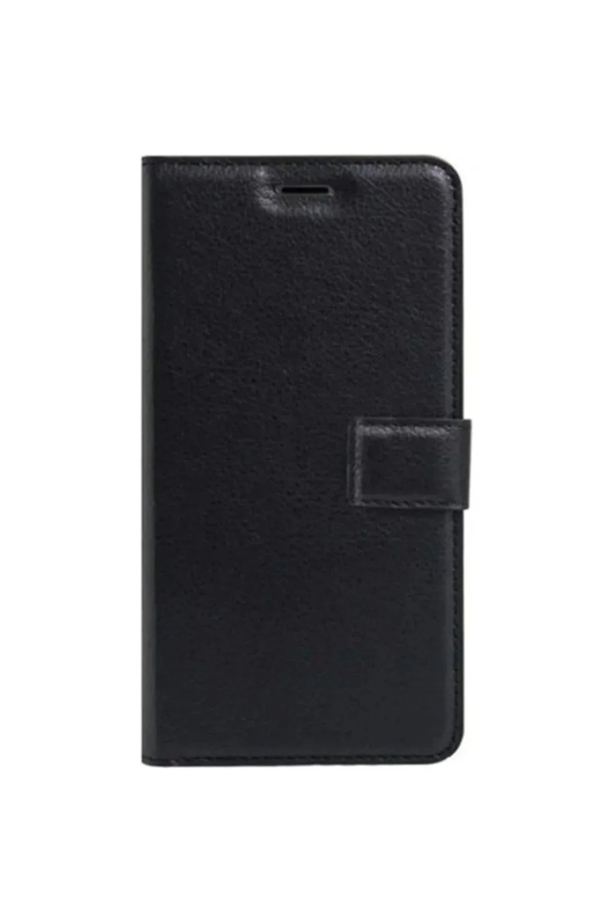 Black Tecno Spark 7T case with wallet and stand function, showing front view.