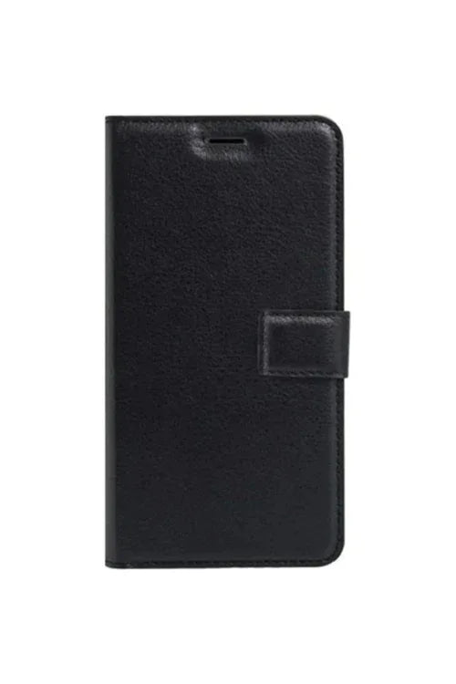 Black Tecno Spark 7T case open, displaying wallet compartment and stand feature.
