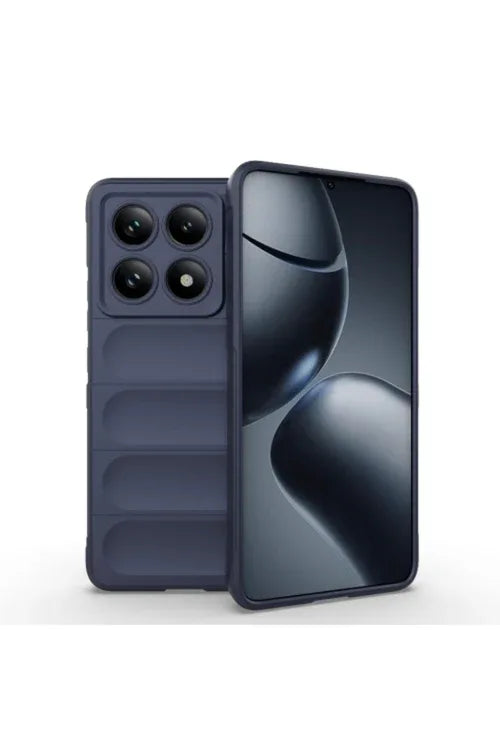 Xiaomi Mi 14T Pro case with navy blue Magic Shield TPU flannel ethnic wavy pattern, angled view.