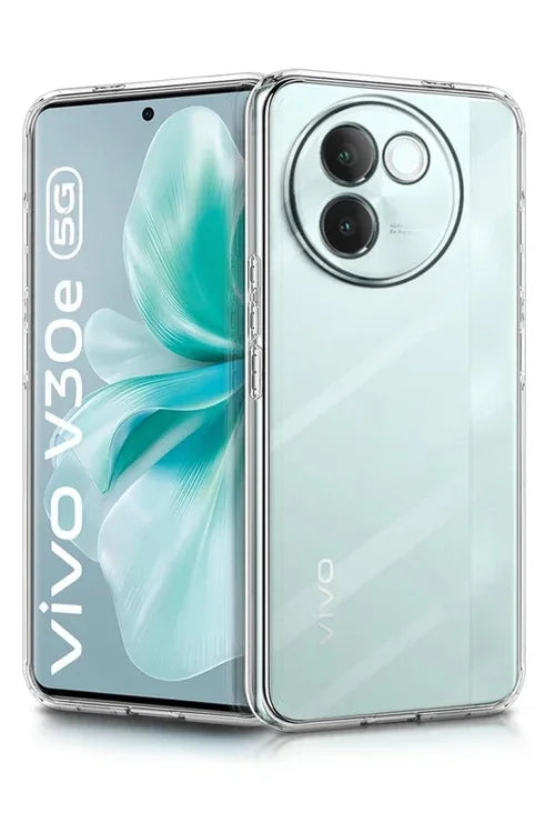 Close-up angled view of transparent Vivo V30e silicone case highlighting texture and fit.