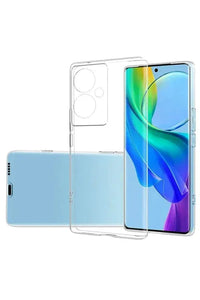 Close-up of Vivo V29 Lite transparent silicone case highlighting smooth texture and precise device fit.