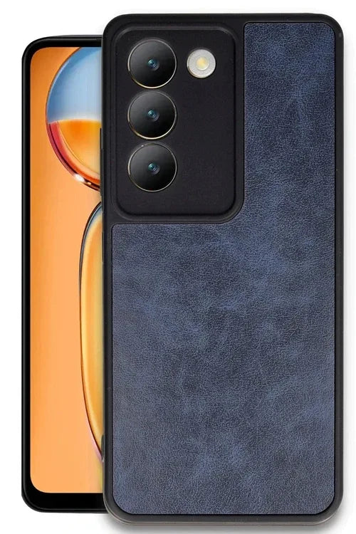 Navy blue faux leather Vivo V30 Lite case with elegant design and functional grip.