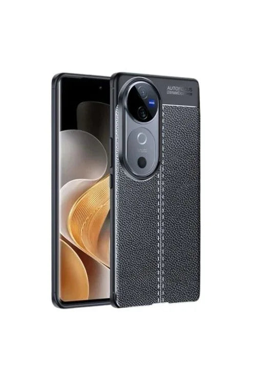Close-up of black leather-textured silicone Vivo V40 5G case, highlighting texture and design details.